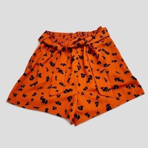 Leith High-Waisted Smocked Floral Print Shorts Orange and Black Floral Small